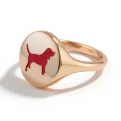 Dog 9ct Rose Gold pet ashes jewellery signet ring. Pet cremation ashes with opal or solid inclusion inlay. Handcrafted memorial jewellery by Uneik Jewellery Australia and Memories4Life.