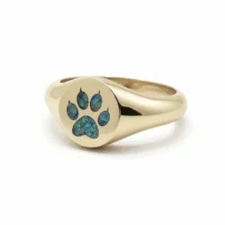 Pawprint Cat 9ct Yellow Gold (375) pet ashes signet ring. Pet cremation ashes with opal or solid inclusion inlay. Handcrafted memorial jewellery by Uneik Jewellery Australia and Memories4Life.
